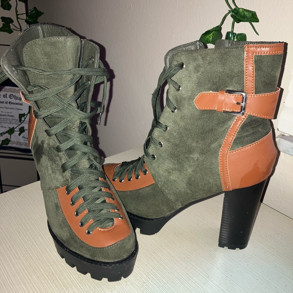 Green and Brown Lace-Up Ankle Boots
